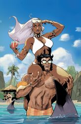  1boy 1girl alternate_costume arm_hair armlet artist_collaboration beach beard bikini black_hair blue_sky carrying carrying_person chest_hair clouds dark-skinned_female dark_skin day drinking_straw drinking_straw_in_mouth earrings eyewear_on_head facial_hair glass highres jewelry lightning_bolt_earrings lightning_bolt_symbol long_hair marvel muscular muscular_male mutton_chops outdoors palm_tree partially_submerged piggyback rachel_dodson shark shark_fin short_hair sky storm_(x-men) sunglasses swimsuit terry_dodson tree water white_bikini white_hair wolverine_(x-men) x-men 