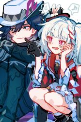  1boy 1girl ashveil_(honkai:_star_rail) black_eyes black_hair boots commentary_request dress facial_mark fedora gloves hat highres honkai:_star_rail honkai_(series) long_hair looking_at_another multicolored_hair navel pink_eyes poking single_glove sitting sparkle_(honkai:_star_rail) sparxie_(honkai:_star_rail) squatting streaked_hair u_y_str white_background white_hair 