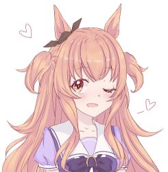  1girl :d animal_ears blush bow bowtie breasts brown_ribbon collarbone commentary ear_bow ear_ribbon heart highres horse_ears horse_girl horse_tail horseshoe_ornament long_hair looking_at_viewer mayano_top_gun_(umamusume) ogurisbathwater one_eye_closed open_mouth orange_eyes orange_hair puffy_short_sleeves puffy_sleeves purple_bow purple_bowtie purple_serafuku purple_shirt ribbon sailor_collar sailor_shirt school_uniform serafuku shirt short_sleeves simple_background smile solo summer_uniform tail tracen_school_uniform two_side_up umamusume untranslatable_commentary upper_body white_background white_sailor_collar 