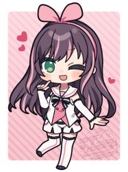  1girl :d bare_shoulders black_outline blush boots border brown_hair cocked_eyebrow commentary_request deformed detached_sleeves diagonal-striped_background fan_request finger_to_face full_body green_eyes hairband hanasaki_ayame_(artist) heart highres index_finger_raised kizuna_ai kizuna_ai_(1st_costume) kizuna_ai_inc. lace-trimmed_sleeves lace-trimmed_thighhighs lace_trim leg_up long_hair looking_at_viewer multicolored_hair one_eye_closed open_hand open_mouth outline pink_background pink_hairband pink_streaks raised_eyebrow sailor_collar shirt short_shorts shorts sleeveless smile solo streaked_hair striped_background striped_clothes striped_thighhighs swept_bangs thigh-highs thigh_boots two-tone_background vertical-striped_clothes vertical-striped_thighhighs vest virtual_youtuber watermark white_border white_sailor_collar white_shorts white_vest 