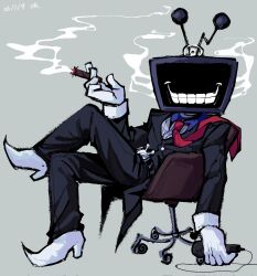  1boy alternate_universe ant_tenna belt belt_buckle black_belt black_pants buckle caimeow173607 chair cigar collared_shirt crossed_legs crt dated defernull deltarune gloves grey_background grin highres holding holding_cigar holding_microphone leaning_back looking_at_viewer male_focus microphone microphone_cord necktie object_head office_chair pants pinstripe_pattern pinstripe_shirt radio_antenna red_necktie shirt shoes simple_background smile smoke smoke_trail solo swivel_chair tailcoat teeth utdr_(toby_fox) white_gloves white_shoes 
