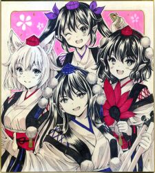  4girls commentary_request hair_ribbon hajike_akira hand_fan hat highres himekaidou_hatate holding holding_fan iizunamaru_megumu inubashiri_momiji japanese_clothes kourindou_tengu_costume leaf_fan looking_at_viewer multiple_girls one_eye_closed open_mouth pink_background pointy_ears ribbon shameimaru_aya tengu_family_of_gensokyo_(touhou) tokin_hat wide_sleeves 