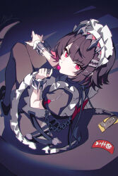  1girl black_hair black_pantyhose candy chinese_commentary colored_inner_hair commentary_request ellen_joe food hair_ornament hairband highres holding holding_candy holding_food holding_lollipop large_tail lollipop looking_at_viewer maid maid_headdress metal_hairband multicolored_hair pantyhose red_hair shali shark_girl short_hair solo spiked_headband tail two-tone_hair zenless_zone_zero 