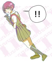  ! !! 1girl camera commentary_request danganronpa_(series) danganronpa_2:_goodbye_despair dress dutch_angle eyelashes fingernails freckles full_body green_dress green_eyes green_shoes grey_socks holding kneehighs koizumi_mahiru open_mouth pinafore_dress red_hair shinshishinc shirt shoes short_hair short_sleeves sleeveless sleeveless_dress socks solo speech_bubble spoken_exclamation_mark sweatdrop very_short_hair white_shirt 