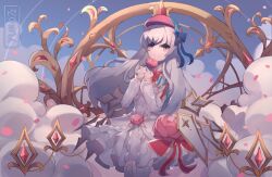  1girl aiguillette arcaea ascot beret blue_bow bow bowtie carnation closed_mouth clouds cowboy_shot detached_wings dress flower frilled_dress frills gem_hat_ornament hat hat_ribbon hikari_(arcaea) hikari_(fracture)_(arcaea) holding holding_flower interlocked_fingers long_hair long_sleeves looking_at_viewer mechanical_wings orange_eyes own_hands_together pink_ascot pink_carnation pink_flower red_bow red_bowtie red_hat ribbon signature sky smile solo thigh-highs two-tone_bow white_dress white_hair white_thighhighs wings yolk72 