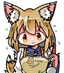  1girl animal_ears apron blonde_hair blush closed_mouth cooking dot_nose dress flying_sweatdrops fox_ears fox_tail holding japanese_clothes kasuya_baian kitsune ko~n long_sleeves medium_hair multiple_tails no_headwear simple_background smile solo tabard tail touhou upper_body white_background yakumo_ran yellow_eyes 