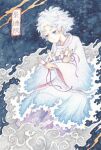  clouds expressionless gender_request grey_eyes holding holding_scroll kohitaki_1467 long_sleeves original robe scroll short_hair translation_request white_hair white_robe wide_sleeves 