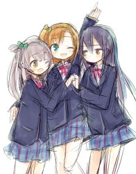  3girls :d :o ;d ;o amakaze_sora arm_up black_hair black_jacket blue_eyes blue_skirt blush brown_eyes brown_hair closed_mouth holding_hands index_finger_raised jacket kosaka_honoka long_sleeves love_live! love_live!_school_idol_project minami_kotori multiple_girls one_eye_closed one_side_up orange_hair plaid_clothes plaid_skirt school_uniform shirt simple_background sketch skirt sleeves_past_wrists smile sonoda_umi white_background white_shirt 