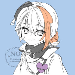  1girl blue_background closed_mouth commentary_request highres looking_at_viewer magical_girl mahou_shoujo_ikusei_keikaku mahou_shoujo_ikusei_keikaku_f2p multicolored_hair orange_hair sera_sera_(mahoiku) short_hair smile two-tone_hair white_hair yomo_gigyoza zipper 