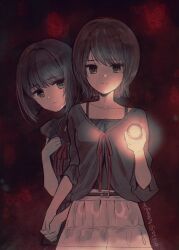  2girls amakura_mayu amakura_mio artist_name behind_another belt belt_buckle black_background black_belt black_camisole black_eyes black_hair black_shirt bob_cut brown_camisole brown_hair brown_shirt buckle camisole camisole_over_clothes closed_mouth collarbone commentary_request cowboy_shot fatal_frame fatal_frame_ii:_crimson_butterfly flashlight hand_on_own_chest hand_up holding holding_flashlight holding_hands looking_at_viewer multiple_girls oisiso peeking_out red_background red_ribbon ribbon shirt short_hair short_sleeves siblings sisters skirt spaghetti_strap standing three-quarter_sleeves twins twitter_username two-tone_background white_skirt 