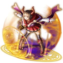  1girl artist_request black_thighhighs black_trim boots brown_hair capelet commentary demon_horns english_commentary frilled_skirt frills full_body game_asset gold_trim grand_summoners hood hooded_capelet horns knee_boots legs_apart leone_(grand_summoners) long_sleeves magic magic_circle official_art open_mouth outstretched_arms pouch purple_trim red_boots red_capelet red_eyes red_skirt simple_background skirt solo standing thigh-highs third-party_source transparent_background witch 