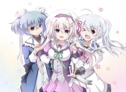  >_o 3girls 9-nine- :d ;d ahoge asaba_konami belt beret blue_dress blue_hair blush braid breasts clenched_hand closed_mouth commentary_request company_connection cowboy_shot crossover dress eyes_visible_through_hair floating_hair frilled_sailor_collar frilled_skirt frills fuyu_(winter90290612) green_eyes green_ribbon grey_belt grey_hair hair_between_eyes hair_intakes hair_ornament hair_ribbon hairclip hakusen_academy_school_uniform hat hat_ribbon holding_hands koi_ga_saku_koro_sakura_doki large_breasts long_hair long_ribbon long_sleeves looking_at_viewer mashiroiro_symphony medium_hair multiple_crossover multiple_girls niimi_sora one_eye_closed open_mouth outstretched_hand palette_(company) parallel_hairclips pink_ribbon pink_skirt red_eyes ribbon sailor_collar school_uniform serafuku side_ponytail sidelocks simple_background single_braid skirt smile split_mouth twintails two_side_up uryuu_sakuno v-shaped_eyebrows very_long_hair violet_eyes white_background white_dress white_hair white_hat white_ribbon white_sailor_collar 