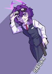  1girl @_@ absurdres bags_under_eyes black_pants black_vest blue_archive character_name clenched_teeth collared_shirt commentary_request crossed_bangs dutch_angle eyewear_on_head gun hair_between_eyes handgun haruka_(blue_archive) haruka_(suit)_(blue_archive) highres holding holding_gun holding_weapon korean_commentary long_sleeves medium_hair mulsae official_alternate_costume one_side_up pale_skin pants purple_background purple_hair shirt solo suit sunglasses sweat teeth vest violet_eyes weapon white_shirt 