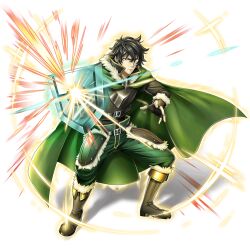  1boy arm_shield armor artist_request aura belted_jacket black_gloves black_hair black_shirt boots brown_armor brown_boots brown_gloves brown_jacket chest_guard cloak cropped_jacket fingerless_gloves full_body fur-trimmed_armor fur-trimmed_boots fur-trimmed_gloves fur-trimmed_jacket fur_trim game_asset gloves grand_summoners green_cloak green_eyes green_pants grey_armor hands_up holding holding_shield hood hood_down hooded_cloak iwatani_naofumi jacket knee_boots leather leather_armor leather_boots leather_jacket legendary_shield_(small_shield)_(tate_no_yuusha_no_nariagari) legendary_shield_(tate_no_yuusha_no_nariagari) long_sleeves looking_at_viewer male_focus messy_hair multicolored_gloves official_art pants shield shirt short_hair short_sleeves simple_background solo standing tassets tate_no_yuusha_no_nariagari transparent_background two-tone_gloves v-shaped_eyebrows white_fur yellow_trim 