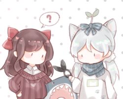  2girls ? animal animal_ears animal_print black_bow black_eyes blue_scarf blush_stickers bow brown_hair cat_ears cat_girl cat_print character_request chibi chinese_commentary collared_shirt commentary_request confused copyright_request grey_hair hair_bow hair_ornament hair_scrunchie hair_tie hands_on_own_hips heart heart_print holding holding_hair_tie interruption_(echo-023) long_hair long_sidelocks long_sleeves looking_at_object low_twintails multiple_girls nikki_(series) off-shoulder_sweater off_shoulder paw_print paw_print_pattern plaid_clothes plaid_scarf polka_dot polka_dot_background print_sweater puffy_long_sleeves puffy_sleeves red_bow red_sweater scarf scrunchie shark shining_nikki shirt shirt_under_sweater sidelocks solid_oval_eyes spoken_question_mark sprout_on_head standing sweater twintails unworn_bow vertical-striped_sweater wavy_hair white_background white_scrunchie white_shirt white_sweater 