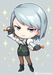  1girl ace_attorney artist_name black_boots black_gloves black_pantyhose black_skirt black_vest boots chibi chibi_only commentary_request diagonal-striped_background earrings franziska_von_karma full_body gloves grey_background grey_eyes grey_hair holding holding_whip jewelry juliet_sleeves long_sleeves looking_at_viewer osapro outline pantyhose pencil_skirt puffy_sleeves ringed_eyes shirt short_hair skirt solo sparkle sparkling_aura striped_background v-shaped_eyebrows vest whip white_outline white_shirt 