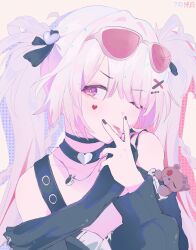  1girl :p ;p absurdres bare_shoulders black_choker black_nails blush braid choker commentary_request eyewear_on_head facial_mark hair_ornament hair_over_one_eye heart heart_facial_mark highres honkai:_star_rail honkai_(series) jewelry long_hair long_sleeves looking_at_viewer necklace official_alternate_costume official_alternate_hairstyle one_eye_closed pink_eyes rie_(user_dghc5523) simple_background solo sparkle_(honkai:_star_rail) sparxie_(candy-coated_waves)_(honkai:_star_rail) sparxie_(honkai:_star_rail) sunglasses tongue tongue_out twintails two_side_up upper_body v v_over_mouth white_hair x_hair_ornament 