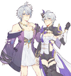  2boys ahoge black_boots black_gloves black_shorts black_shrug blue_eyes boots coat color_connection corset cosplay crossdressing crossdressing_(mtf) cyrene_(honkai:_star_rail) cyrene_(honkai:_star_rail)_(cosplay) cyrene_(philia093)_(honkai:_star_rail) dress elysia_(honkai_impact) elysia_(honkai_impact)_(cosplay) elysia_(miss_pink_elf)_(honkai_impact) gloves hair_color_connection hair_ornament highres hino_satoshi honkai:_star_rail honkai_(series) honkai_impact_3rd in-franchise_crossover jewelry kevin_kaslana male_focus multiple_boys necklace ning_ningnin pectoral_cleavage pectorals phainon_(honkai:_star_rail) purple_coat short_hair short_shorts shorts shrug_(clothing) simple_background voice_actor_connection white_background white_corset white_dress white_hair 