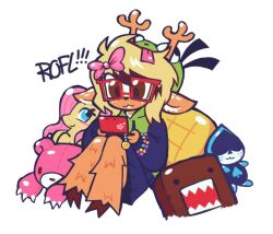  1girl antlers antonymph artist_request bad_id bad_youtube_id bead_bracelet beads blonde_hair blush_stickers bow bracelet brown_eyes brown_fur buck_teeth character_doll charm_(object) cosplay crossover deer_girl deltarune doll domo-kun fluttershy freckles gir_(dog_costume)_(invader_zim) gir_(invader_zim) gir_(invader_zim)_(cosplay) glasses gloomy_bear hair_bow handheld_game_console hooves horns invader_zim itazuraguma_no_gloomy jewelry lancer_(deltarune) my_little_pony my_little_pony:_friendship_is_magic nhk_(broadcaster) nintendo_ds noelle_holiday pegasus pink_bow pony_(animal) red-framed_eyewear reindeer_antlers reindeer_girl sharp_teeth solo_focus stuffed_animal stuffed_pony stuffed_toy teddy_bear teeth utdr_(toby_fox) vylet_pony white_background 
