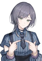  1girl absurdres bang_dream! bang_dream!_our_notes black_choker black_nails black_necktie blue_shirt chinese_commentary choker closed_mouth commentary_request detached_sleeves green_eyes grey_hair highres linkr looking_at_viewer medium_hair nail_polish necktie shirt simple_background solo steepled_fingers white_background yakura_yomogi 