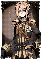 1girl absurdres aiguillette belt black_coat black_gloves blonde_hair border checkered_background chinese_commentary closed_mouth coat commentary_request curtained_hair diamond_hair_ornament epaulettes gloves hair_ornament hasumi_leia high_collar highres holding holding_sword holding_weapon long_sleeves mahou_shoujo_no_majo_saiban rryy sash scabbard sheath short_hair shoulder_sash solo sword upper_body weapon white_border yellow_eyes 