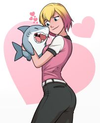  1girl animal aqua_eyes belt black_pants blonde_hair closed_eyes closed_mouth colored_tips commentary english_commentary gills gwenpool heart heart_background highres holding holding_animal jeff_the_land_shark kim_kai marvel multicolored_hair nostrils open_mouth pants pink_hair pink_shirt shark sharp_teeth shirt short_hair short_sleeves smile teeth two-tone_hair white_background white_belt 