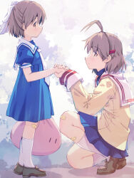  2girls akayama_yukihe antenna_hair bandaid bandaid_on_knee bandaid_on_leg blazer blue_shirt blue_skirt blush bow brown_eyes brown_hair brown_shoes clannad closed_mouth commentary_request dango_daikazoku from_side full_body furukawa_nagisa hair_bow hair_ornament hairclip half_updo hands_up highres hikarizaka_private_high_school_uniform holding holding_hands holding_stuffed_toy jacket kindergarten_uniform kneehighs loafers long_sleeves looking_at_another medium_hair miniskirt mother_and_child mother_and_daughter multiple_girls okazaki_ushio parallel_hairclips parent_and_child pleated_skirt profile sailor_collar school_uniform serafuku shirt shoes simple_background skirt smile socks standing stuffed_toy time_paradox turtleneck turtleneck_shirt white_background white_bow white_sailor_collar white_socks yellow_jacket 
