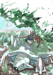  1girl akari_(pokemon) commentary_request galaxy_team_survey_corps_uniform grass headscarf highres mountain niek4649 outdoors pokemon pokemon_(creature) pokemon_legends:_arceus rainbow red_eyes red_scarf riding riding_pokemon scarf sparkle tall_grass torterra tree white_headscarf 