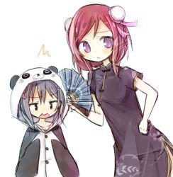  2girls ^^^ amakaze_sora animal_costume animal_ears animal_hood black_dress blush bun_cover china_dress chinese_clothes double_bun dress fake_animal_ears folding_fan hair_bun hand_fan hand_on_own_hip holding holding_fan hood hood_up love_live! love_live!_school_idol_project multiple_girls nishikino_maki nose_blush open_mouth panda_costume panda_ears panda_hood red_hair short_sleeves simple_background violet_eyes wavy_mouth white_background yazawa_nico 