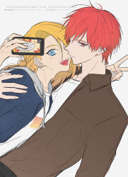  2boys alternate_costume asymmetrical_bangs black_eyeliner blonde_hair blue_hoodie brown_jacket deidara_(naruto) earrings eyeliner hair_bun hair_over_one_eye happy hayamin35 highres holding holding_phone hood hoodie hug implied_yaoi jacket jewelry long_hair makeup male_focus multiple_boys naruto_(series) naruto_shippuuden phone red_eyes red_hair ring sasori_(naruto) shirt simple_background star_(symbol) taking_picture watermark white_background white_shirt 