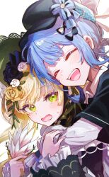  2girls :d absurdres black_bow black_capelet black_flower black_hat blonde_hair blue_hair bonnet bow capelet closed_eyes commentary_request dress flower green_bonnet green_dress green_eyes hair_bow hair_flower hair_ornament hair_rings hat highres hug hug_from_behind iris_(tb33064667) light_blush long_hair mahou_shoujo_no_majo_saiban multiple_girls open_mouth shirt short_hair simple_background smile sweatdrop tachibana_sherry tono_hanna twintails white_background white_flower white_shirt yellow_flower 