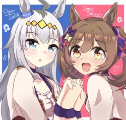  2girls ahoge animal_ears blue_eyes blush bodice bow breasts brown_eyes brown_hair character_name choker collarbone corset cropped_jacket ear_ornament grey_hair hair_between_eyes hair_bow hair_ornament hairband heart highres holding_hands horse_ears horse_girl jacket long_hair looking_at_viewer mgr3na2sup_6 multicolored_hair multiple_girls multiple_hair_bows oguri_cap_(umamusume) open_mouth pendant_choker pink_bow purple_bow purple_choker red_corset shirt smart_falcon_(umamusume) smile starting_future_(umamusume) twintails umamusume upper_body white_jacket wristband yellow_bow 
