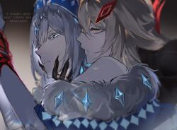  1nuyaki 2girls absurdres anastasya_feodorovna_snezhnaya artist_name bare_shoulders blonde_hair blue_eyes close-up commentary couple dress elbow_gloves english_commentary finger_claws fur_trim genshin_impact gloves grabbing_from_behind gradient_background grey_hair hair_between_eyes hair_intakes hair_ornament hand_on_another's_chin headpiece highres leaning_forward leaning_on_person long_hair looking_at_another looking_at_viewer looking_to_the_side multiple_girls ronova_(genshin_impact) tiara upper_body wavy_hair yellow_eyes yuri 