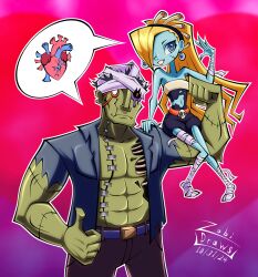  1boy 1girl 2024 blonde_hair blue_skin colored_skin commentary couple english_commentary green_skin halloween heart hetero highres house_of_the_dead loving_deads:_the_house_of_the_dead_ex monster monster_boy monster_girl sega smile sonic_&amp;_sega_all-stars_racing sonic_(series) speech_bubble zobi_draws zobiko zobio zombie 