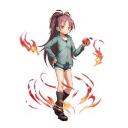  1girl anime_coloring antenna_hair apple artist_request black_boots black_bow black_shirt blue_shorts boots bow buttons closed_mouth clothing_cutout crop_top crossed_ankles denim denim_shorts dot_nose expressionless fire food frown fruit full_body fur-trimmed_shorts fur_trim game_asset grand_summoners green_jacket hair_bow hand_on_own_hip high_ponytail holding holding_food holding_fruit hood hood_down hooded_jacket jacket knee_boots knees light_blush long_hair long_sleeves mahou_shoujo_madoka_magica mahou_shoujo_madoka_magica_(anime) official_art outline parted_bangs ponytail puffy_long_sleeves puffy_sleeves red_eyes red_hair red_outline sakura_kyoko shirt short_shorts shorts solo standing stomach_cutout transparent_background tsurime very_long_hair zipper zipper_pull_tab 