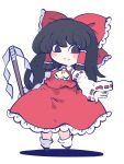  1girl ascot bare_shoulders black_eyes black_hair blunt_tresses blush bow breasts brown_eyes brown_hair chahan_(fried_rice0614) chibi detached_sleeves frilled_hair_tubes frilled_shirt_collar frills full_body gohei hair_bow hair_tubes hakurei_reimu highres holding holding_stick long_hair long_sleeves red_skirt red_vest shadow simple_background skirt skirt_set small_breasts solo stick touhou v-shaped_eyebrows vest white_background yellow_ascot 