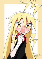  1girl absurdres ahoge bandaged_hand bandages bandana bare_shoulders black_tank_top blonde_hair blush border choppy_bangs clenched_hand commentary_request commission denkou_setsuka fang generalcanon hair_between_eyes hand_up highres long_hair long_sidelocks looking_down open_mouth original outside_border pixiv_commission pov rectangular_mouth red_bandana sidelocks signature simple_background skin_fang sleeveless solo speech_bubble squiggle sweat sweatdrop tank_top translation_request trembling two-tone_background upper_body v-shaped_eyebrows very_long_hair white_background yellow_border yellow_eyes 