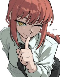  1girl black_necktie black_pants chainsaw_man closed_mouth collared_shirt commentary english_commentary highres looking_at_viewer makima_(chainsaw_man) necktie one_eye_closed pants red_hair ringed_eyes shirt simple_background smile solo white_background white_shirt win_pando 