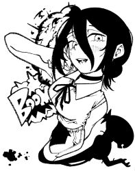  1girl black_choker black_hair black_ribbon black_shorts blush bomb bomb_devil_(chainsaw_man) breasts chainsaw_man choker collared_shirt commentary different_shadow dual_persona explosion explosive grenade_pin greyscale hair_between_eyes hair_bun high_contrast highres looking_at_viewer medium_breasts monochrome neck_ribbon nemaki_haru open_mouth reze_(chainsaw_man) ribbon shirt shorts sleeveless sleeveless_shirt smile solo untranslatable_commentary updo white_background white_shirt 