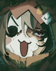  1girl :3 absurdres blush_stickers broken_mask brown_hair character_hood close-up empty_eyes eye_focus gigi_murin gigi_murin_(1st_costume) highres hololive hololive_english hood hoodie looking_at_viewer mask multicolored_hair naokomama orange_hoodie porcelain portrait solo streaked_hair tehepero virtual_youtuber 