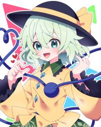 1girl black_hat blush bow buttons diamond_button disembodied_linked_eye floral_print frilled_shirt_collar frilled_skirt frilled_sleeves frills green_eyes green_hair green_skirt hat hat_ribbon heart heart_of_string highres komeiji_koishi long_sleeves looking_at_viewer medium_hair open_mouth print_skirt rain_leyley ribbon rose_print shirt skirt smile touhou yellow_bow yellow_shirt 