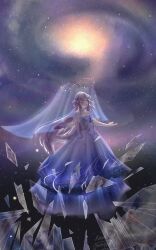  1girl ad_lunam_(shining_nikki) blue_eyes braid braided_hair_rings by_stars_be_sworn_(shining_nikki) choker colored_extremities colored_skin commentary different_reflection dress english_commentary expressionless floating_headgear full_body galaxy game_screenshot_inset glass_shards gown hair_ornament hair_rings hairclip halo headgear highres kana_ying light_particles lipstick long_dress long_hair looking_ahead makeup mobius_strip multicolored_skin nikki_(nikki) nikki_(series) outstretched_arms parted_lips pink_hair pink_lips pleated_dress print_dress purple_choker purple_dress purple_skin purple_veil reflection screenshot_inset see-through_clothes see-through_veil shining_nikki solo space standing star_sea_(nikki) starry_sky_print strapless strapless_dress two-tone_skin veil very_long_hair wavy_hair 