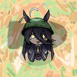  1girl ahoge animal_ears black_hair bomb chibi chibi_only coat combat_helmet ear_tag ears_through_headwear english_commentary explosive eyes_visible_through_hair from_above full_body green_helmet hair_between_eyes helmet horse_ears horse_girl long_hair looking_up manhattan_cafe_(creeping_shadow)_(umamusume) manhattan_cafe_(umamusume) necktie open_clothes open_coat outdoors signature silhouette solo umamusume whooie yellow_eyes yellow_necktie 
