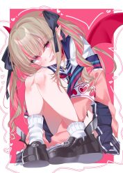  1girl armband asymmetrical_legwear black_shoes blue_ribbon blue_sailor_collar blue_skirt blunt_bangs blush border collar colored_inner_hair commentary demon_wings drawn_heart drill_hair fang from_below full_body grey_hair hair_intakes hair_over_shoulder hair_ribbon heart highres jacket knees_up long_hair looking_at_viewer loose_socks makaino_ririmu makaino_ririmu_(4th_costume) miniskirt multicolored_hair neckerchief nijisanji off_shoulder ooo00_cha open_clothes open_jacket open_mouth outside_border pink_background pink_hair pink_jacket pink_streaks platform_shoes pleated_skirt pointy_ears red_collar red_eyes red_neckerchief red_wings ribbon sailor_collar school_uniform serafuku shirt shoes sidelocks simple_background sitting skirt smile socks solo streaked_hair two-tone_hair two_side_up uneven_legwear untranslatable_commentary virtual_youtuber white_border white_shirt white_socks winged_shoes wings 
