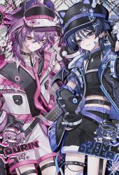  2boys animal_hat bandaid bandaid_on_cheek bandaid_on_face black_collar black_hair black_hat black_jacket black_shirt black_shorts black_vest blue_hair cat_hat collar commentary crop_top durin_(genshin_impact) earrings genshin_impact hair_ornament hat highres jacket jewelry long_hair male_focus midriff multiple_boys pink_hair red_eyes scaramouche_(genshin_impact) shirt shorts spiked_collar spikes thigh_strap touyu_1210 untranslatable_commentary vest violet_eyes visor_cap wanderer_(genshin_impact) white_hat white_jacket white_shorts x_hair_ornament 