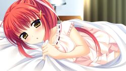  1girl :o aroused ayamisiro bed_sheet blanket bow collarbone curtains day dress frilled_skirt frills game_asset hair_bow hair_ornament holding holding_blanket long_hair looking_at_viewer lying nanase_hikari_(natsu_koi_high_pressure) natsu_koi_high_pressure non-web_source official_art on_bed on_side open_mouth pink_dress ponytail red_hair skirt sleeveless sleeveless_dress x_hair_ornament 
