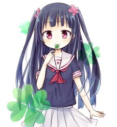  1girl amakaze_sora ascot black_hair black_shirt blush closed_mouth clover commentary_request flower four-leaf_clover hair_flower hair_ornament holding kohashi_wakaba long_hair pink_flower pleated_skirt red_ascot red_eyes sailor_collar school_uniform serafuku shirt short_sleeves simple_background skirt smile solo two_side_up very_long_hair wakaba_girl white_background white_sailor_collar white_skirt 