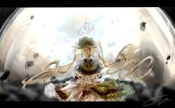  2girls absurdres akuro42_1 black_capelet blonde_hair bonnet capelet commentary_request dress flower frilled_capelet frilled_dress frilled_skirt frills from_behind green_bonnet hair_flower hair_ornament highres holding lolita_fashion long_hair mahou_shoujo_no_majo_saiban multiple_girls skirt spoilers sundress tono_hanna twintails two-tone_dress upper_body wings 