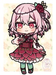  1girl black_bow black_bowtie black_outline blush border bow bowtie closed_mouth commentary deformed double-parted_bangs dress fan_request floral_background flower frilled_dress frills full_body gradient_sleeves green_pantyhose hair_between_eyes hair_flower hair_ornament hanasaki_ayame_(artist) hand_on_own_chest highres looking_at_viewer medium_hair nijisanji nijisanji_en outline pantyhose pink_hair pink_sleeves red_dress red_eyes red_flower red_rose rose rosemi_lovelock rosemi_lovelock_(1st_costume) short_side_ponytail side_ponytail smile solo standing thorns virtual_youtuber white_border white_flower white_rose white_sleeves yellow_background 