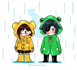  artist_name blush boots brown_hair chainsaw_man chibi cigarette eyepatch frog_raincoat green_hair green_raincoat hair_ornament hairclip higashiyama_kobeni himeno_(chainsaw_man) rain raincoat rubber_boots short_hair skirt smoke smoking tagme yellow_raincoat zanchirarin 